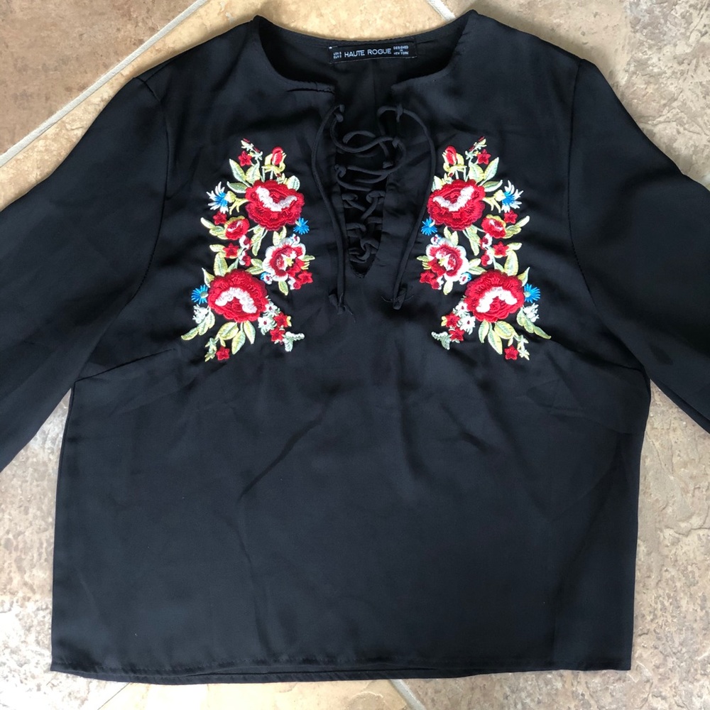 Haute  Rogue Black Floral Embroidered Long Sleeve